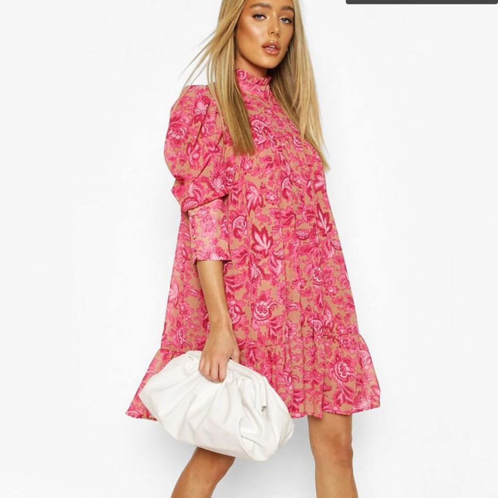 Printed Puff Sleeve Pink Ruffle Neck Smock Dress
